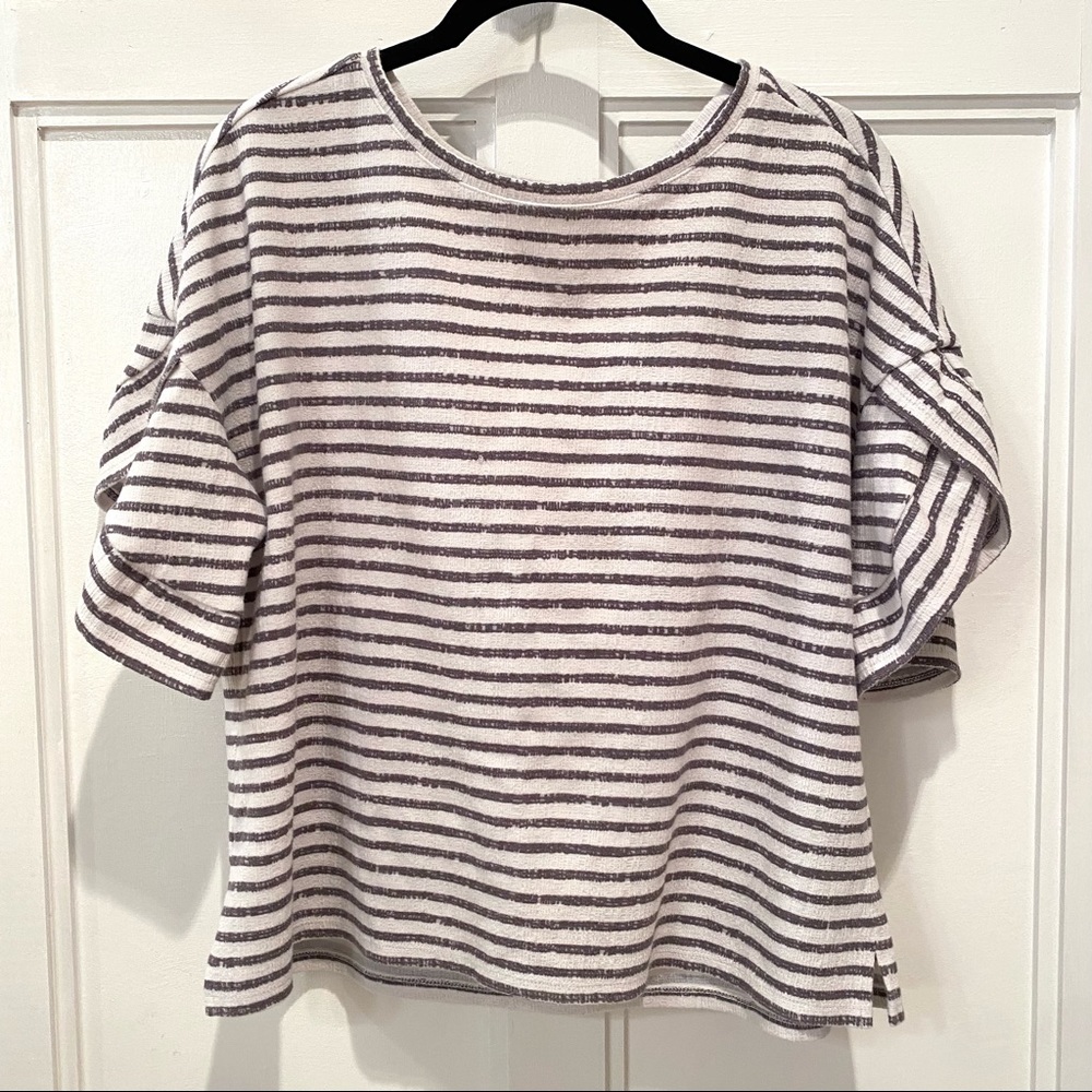 LOFT Cream and Gray Striped Short Sleeve Top